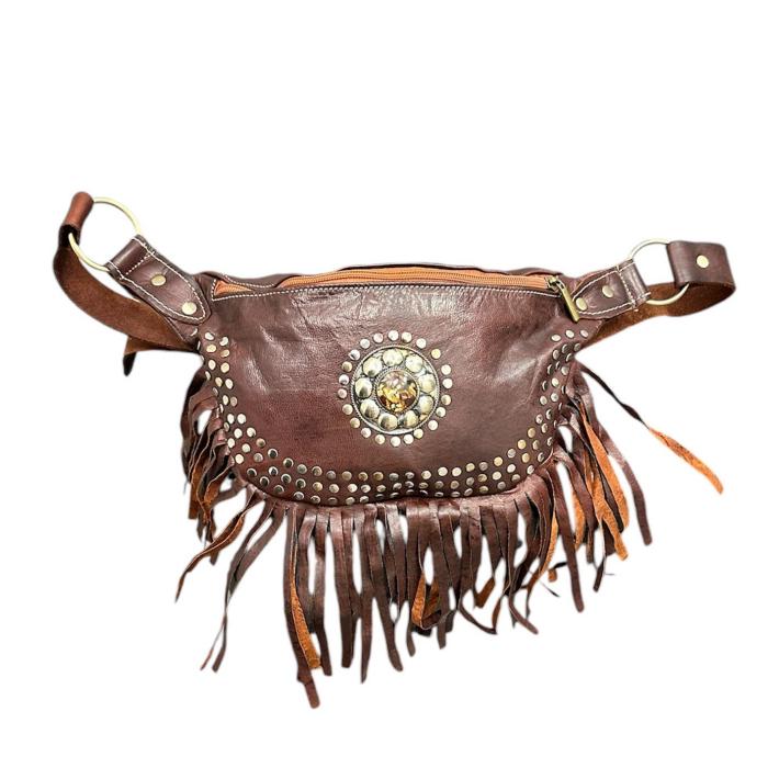 Riñonera con flecos artesanal de piel natural. Riñonera de moda para Mujer - Look Todo Piel